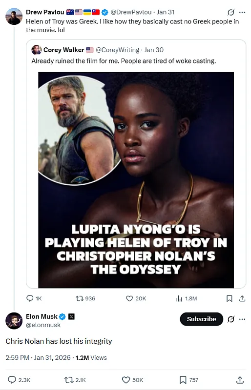 Sir Christopher “is zijn integriteit kwijt”, tweette Elon Musk, als reactie op de keuze voor Lupita Nyong'o in de rol van Helena. 