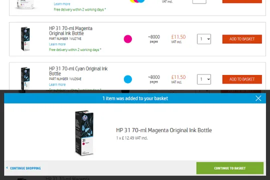 Screenshot van de aankoop van een inktpatroon op een website. 