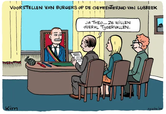 Drie gemeenteraadsleden lezen voor de burgemeester van Lubbeek de burgervoorstellen voor: 'Ja Theo ... ze willen overal tijgervallen.'