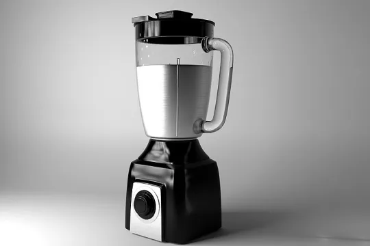 Een blender gevuld met een grijze vloeistof. 
