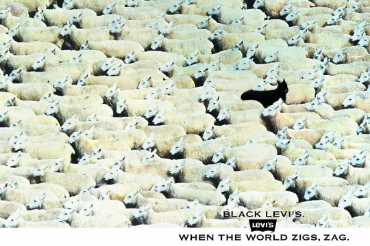 Een reclamecampagne van Lewis. Het beeld is gevuld met allemaal witte schapen en één zwart schaap, dat tegen de richting in loopt.