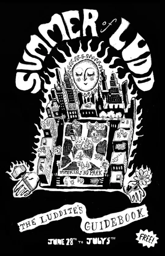 Op de affiche van Summer of Ludd staat een zwart-wittekening van Tompkins Square Park in New York