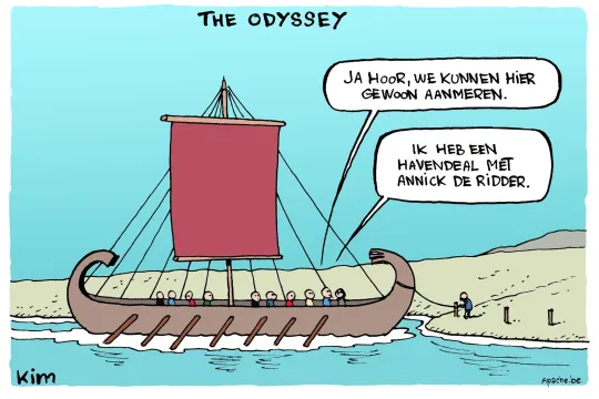 The Oddysey. Een groot oud Grieks schip bereikt de kust. 'We kunnen gewoon aanmeren", zegt een van de mensen op de boot. "Ik heb een havendeal met Annick De Ridder"