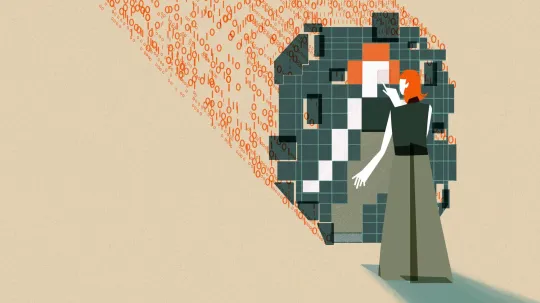 Een persoon met oranje haar staat voor een grote, digitale spiegelstructuur. De structuur bestaat uit vierkanten die zo aan elkaar zijn gezet dat ze de gestalte van de persoon weerspiegelen. De hand van de persoon is uitgestrekt. Achter de structuur zijn stromen binaire code in oranje te zien, die naar het digitale raster stromen.