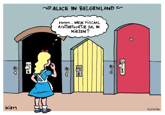 Alice in Belgenland. Alice staat voor drie verschillende deuren (een is zwart, een is geel en de derde is rood) en denkt: 'Hm, welk fiscaal achterpoortje zal ik kiezen?'