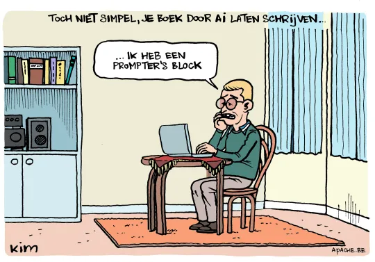 Toch niet simpel, je boek door AI laten schrijven ... Een man zit achter zijn bureau, staart naar zijn laptop en zegt: '... Ik heb een prompter's block'.