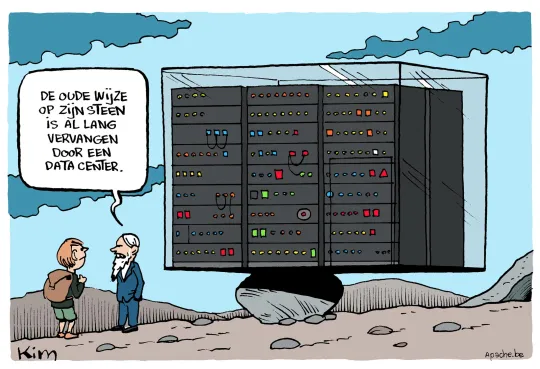 Een jong kind en een man met een grijze baard staan naast een datacenter dat op een enkele steen rust. De man zegt: 'De oude wijze op zijn steen is allang vervangen door een datacenter'