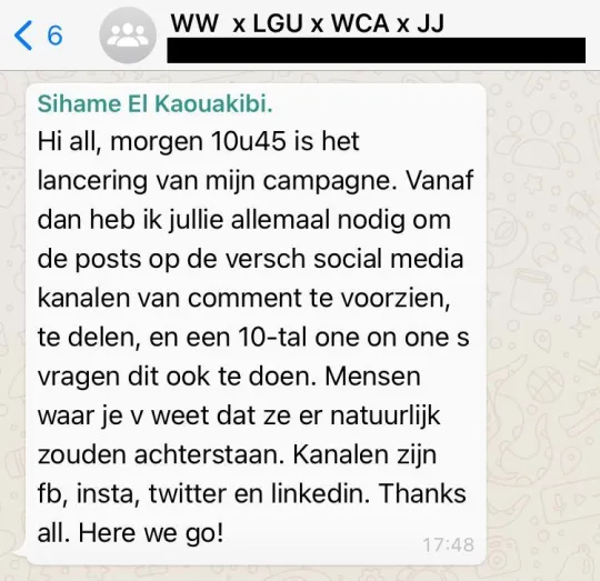 El Kaouakibi verzocht haar personeel om haar campagnelancering voor Open Vld te verspreiden op sociale media.