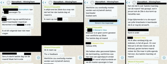 Uit screenshots van de gezamenlijke Whatsappgroep van WannaWork, blijkt dat El Kaouakibi er wel degelijk bij het team op aandrong dat het werkregistratiesysteem Teamleader werd gebruikt.