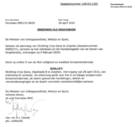 Document actant la reconnaissance du statut de Cryo-Save