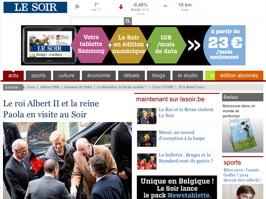 Le Soir schenkt op de voorpagina van Lesoir.be ook aandacht aan het bezoek van de koning.