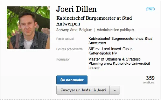 Capture d'écran du profil LinkedIn de Joeri Dille, janvier 2013