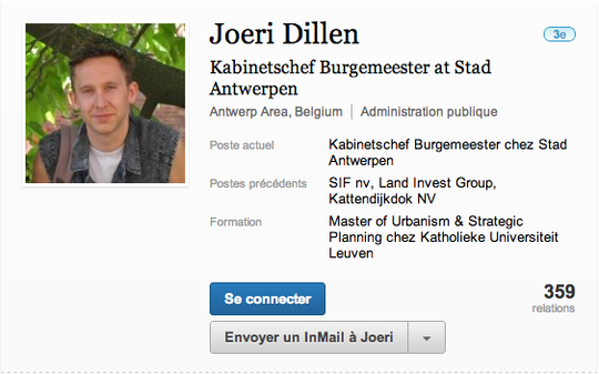 Capture d'écran du profil LinkedIn de Joeri Dille, janvier 2013