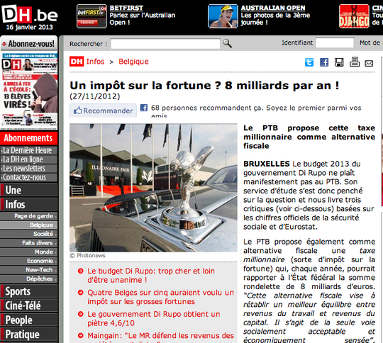 Capture d'écran de l'article Web de la DH sur la "taxte des millionaires", novembre 2012. (Photo: capture d'écran, 16 janvier 2013)