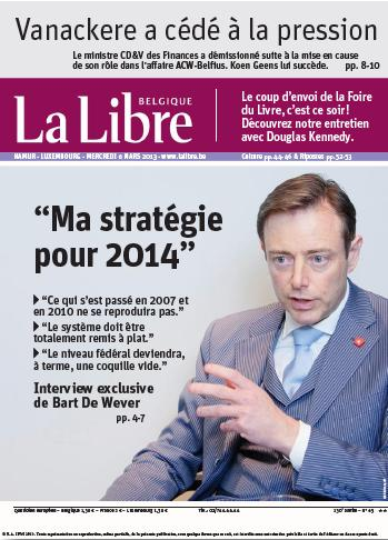 La une de La Libre Belgique sur Bart De Wever du mercredi 6 mars 2013 (Photo: Capture d'écran)