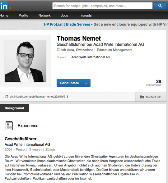 Screenshot LinkedIn profiel van Acad Write CEO Thomas Nemet
