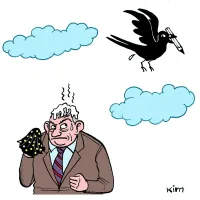 cartoon: Een duif poept op het hoofd van Jan Jambon