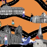Illustratie die, tegen een oranje achtergrond, foto's van kastelen combineert met getekende rijwegen en mensen.