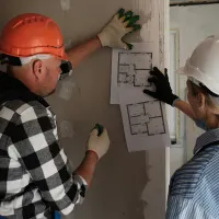 Een man en vrouw in werfkleding en met veiligheidshelmen bekijken plannen op een werf.