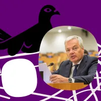 De Apache-duif heeft een eitje in haar nest waarin je een foto van Didier Reynders kan zien.