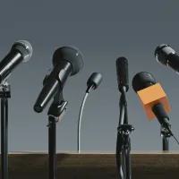 Zes microfoons bevestigd aan een spreekgestoelte tegen een grijze achtergrond.