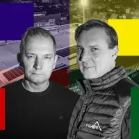 KVDO voorzitter Frederik Willaert en ondervoorzitter Karl Vannieuwkerke, met een voetbalveld op de achtergrond en kleurvlakken in de kleuren van hun logo